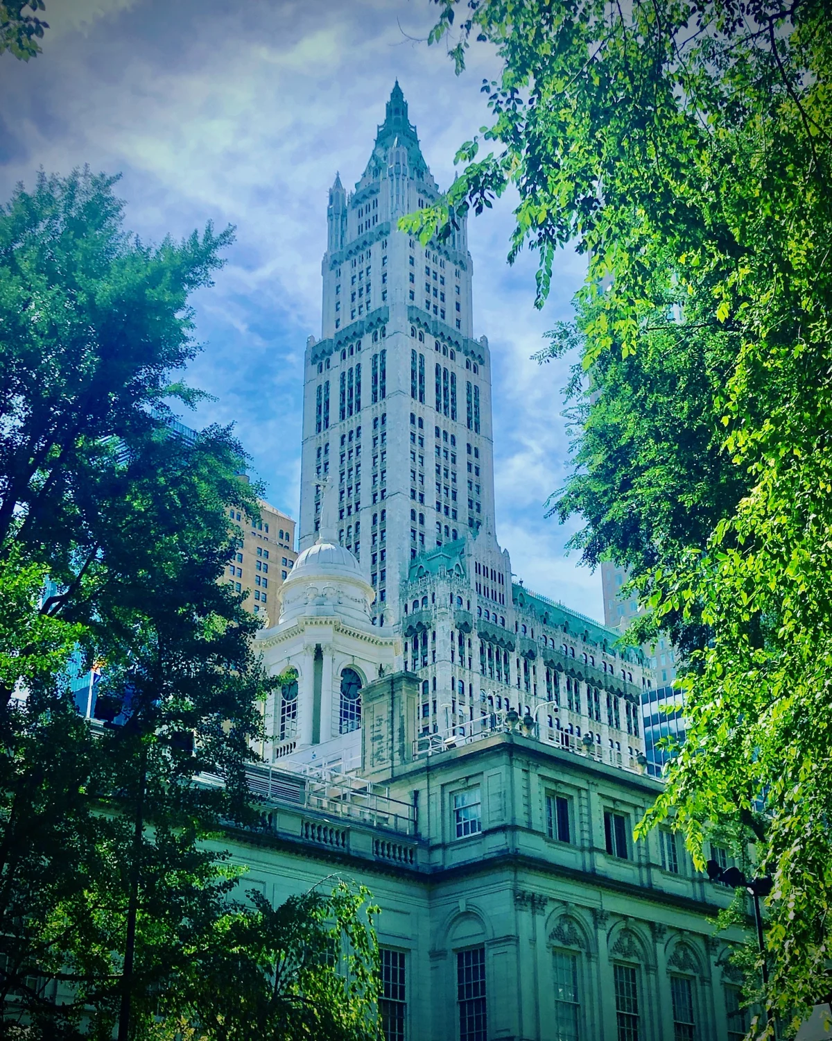 The white Gothic tower of the Woolworth Building rising behind the dome of City Hall, framed by green trees