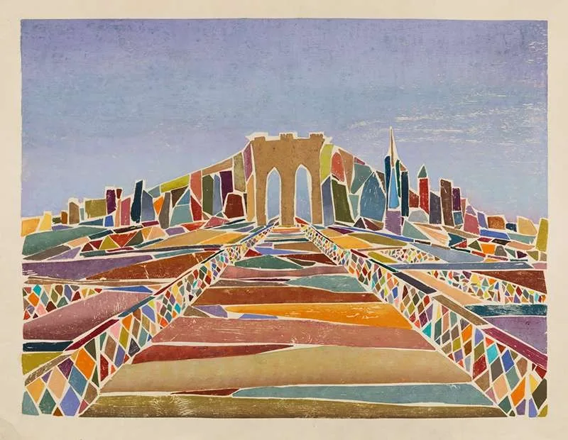 A wood relief of the Brooklyn Bridge, its towers and cables built up from carved fragments