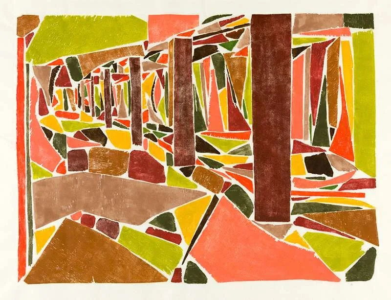 A wood relief of a subway platform receding into depth
